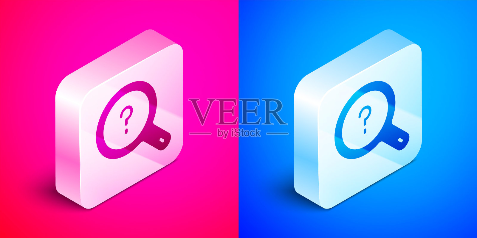 等距未知搜索图标孤立在粉红色和蓝色的背景。放大镜和问号。银广场按钮。向量图标素材