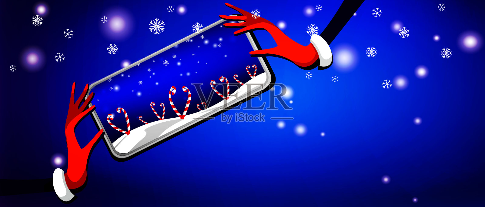 圣诞快乐，新年快乐！圣诞女孩在节日背景下手持电话和雪花，时尚新年节日插画插画图片素材