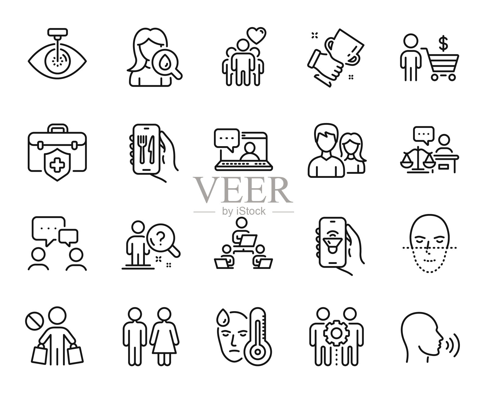 向量集夫妇，买方和法院法官线图标集。向量图标素材