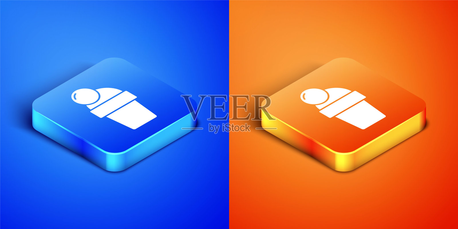 等距冰淇淋图标孤立在蓝色和橙色的背景。甜蜜的象征。方形按钮。向量图标素材