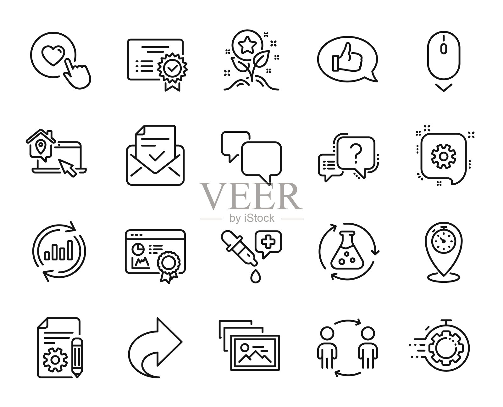 矢量集合的工作流，批准的邮件和计时器线图标设置。向量图标素材