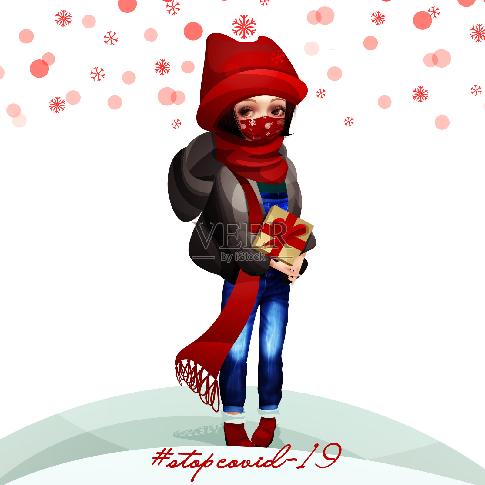 2022新年快乐！戴防护面具的女孩宣传单插画图片素材