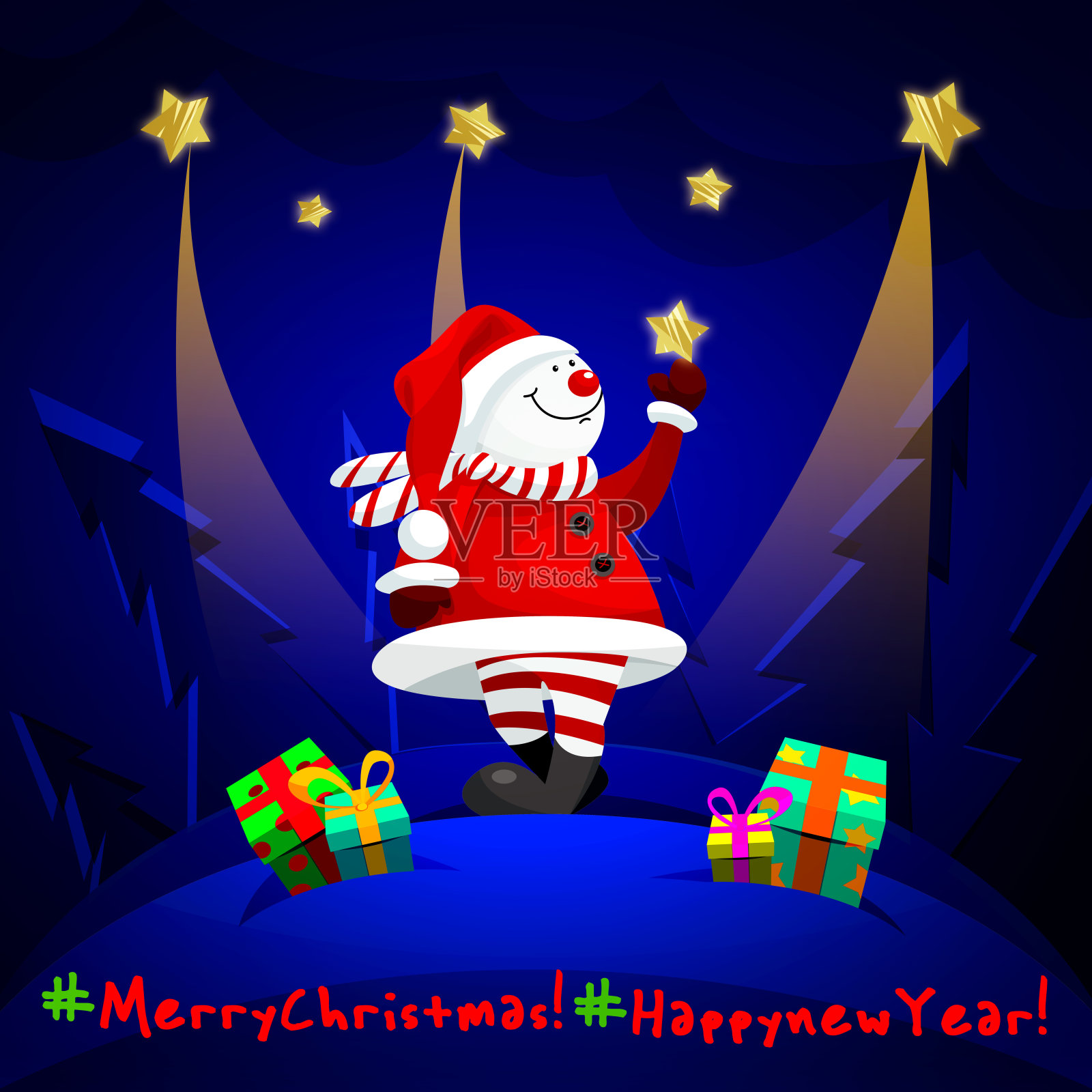 新年快乐！2022圣诞快乐！卡通风格雪人与圣诞装饰礼物，抽象彩色雪花背景。节日圣诞创意卡片或宣传单。插画图片素材