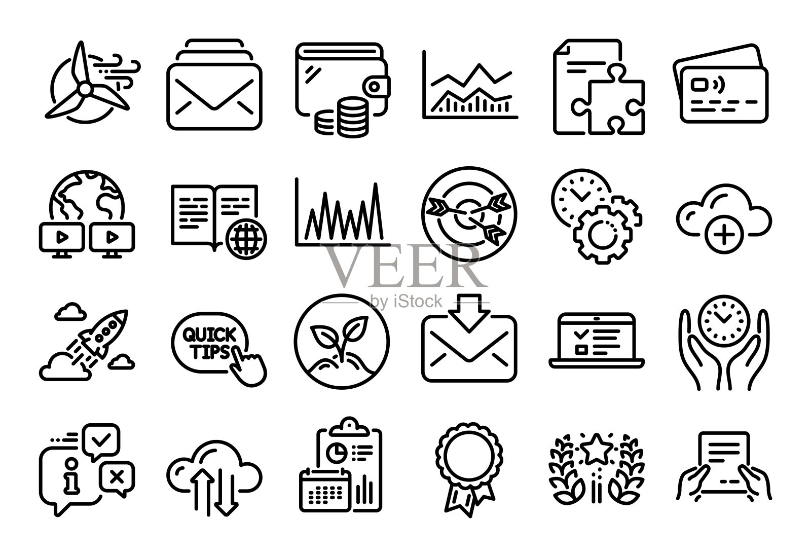向量集合的启动火箭，安全时间和云计算线图标集合。向量图标素材