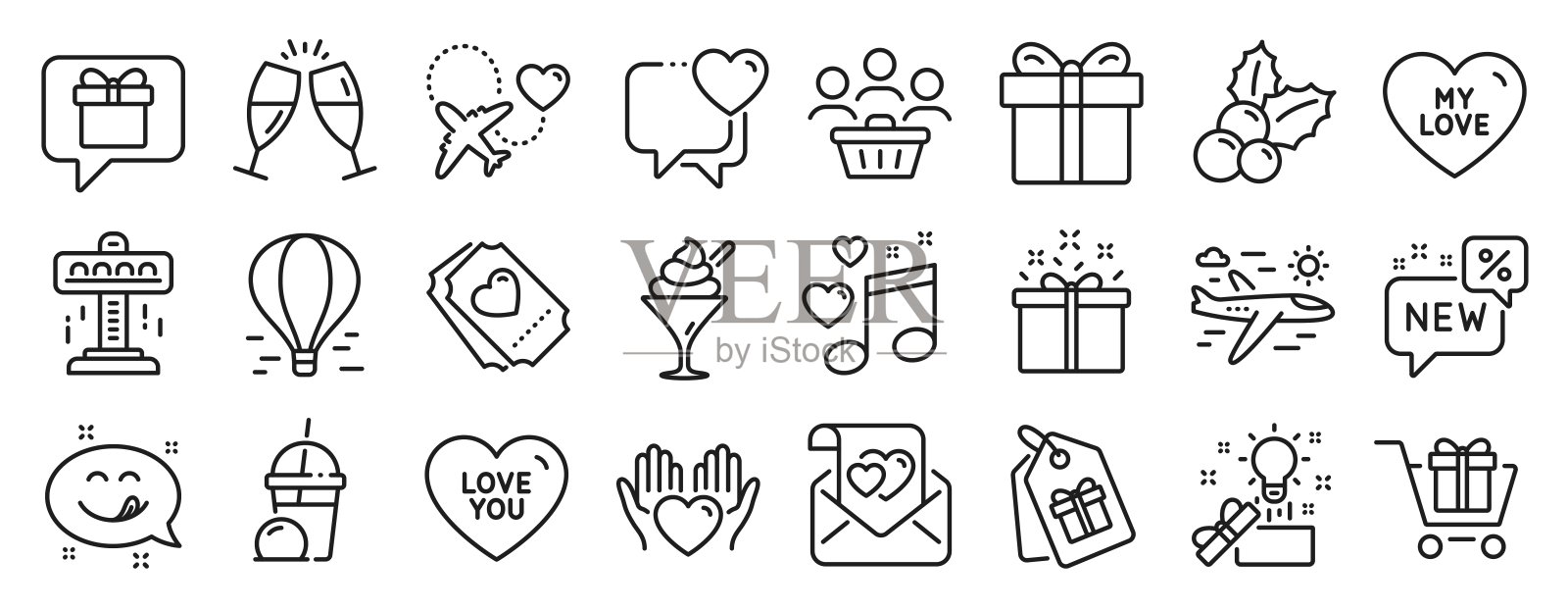 假日图标，如买家，冰淇淋奶昔，香槟杯。向量图标素材