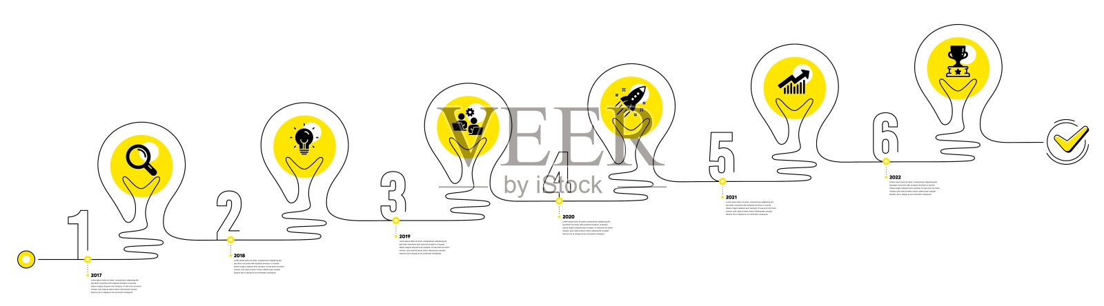 业务信息图6步时间表。研究，团队合作，成长图表和赢家图标的工作流程。向量插画图片素材