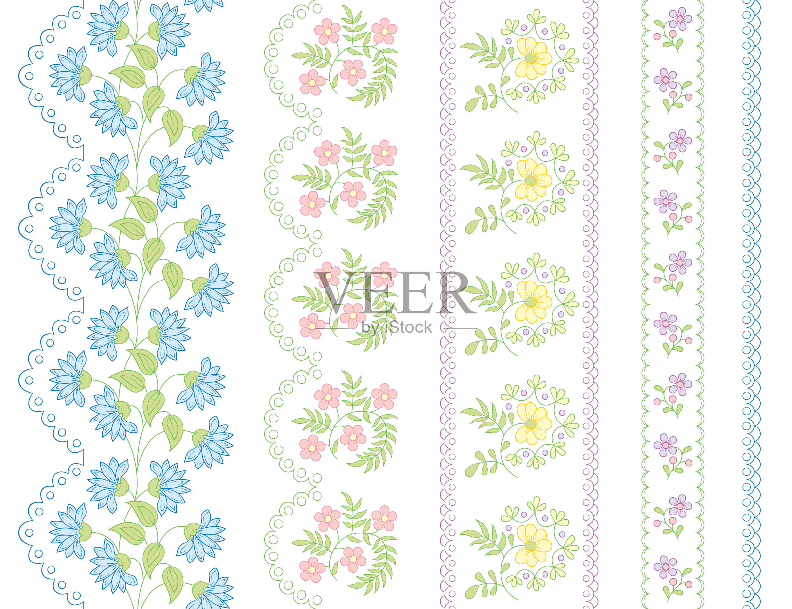 各种花的无缝边界。刺绣,刺绣图案。插画图片素材