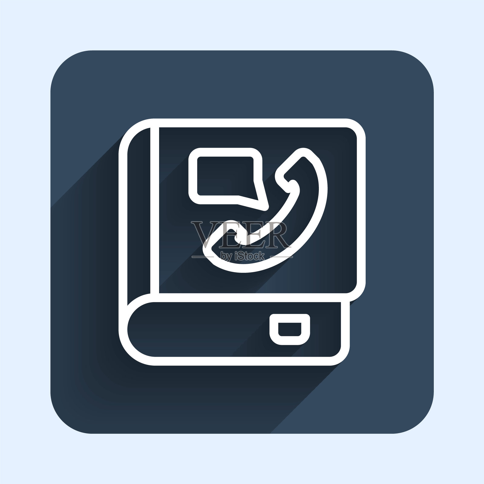 白线电话簿图标孤立与长阴影背景。地址簿。电话簿。蓝色方块按钮。向量插画图片素材