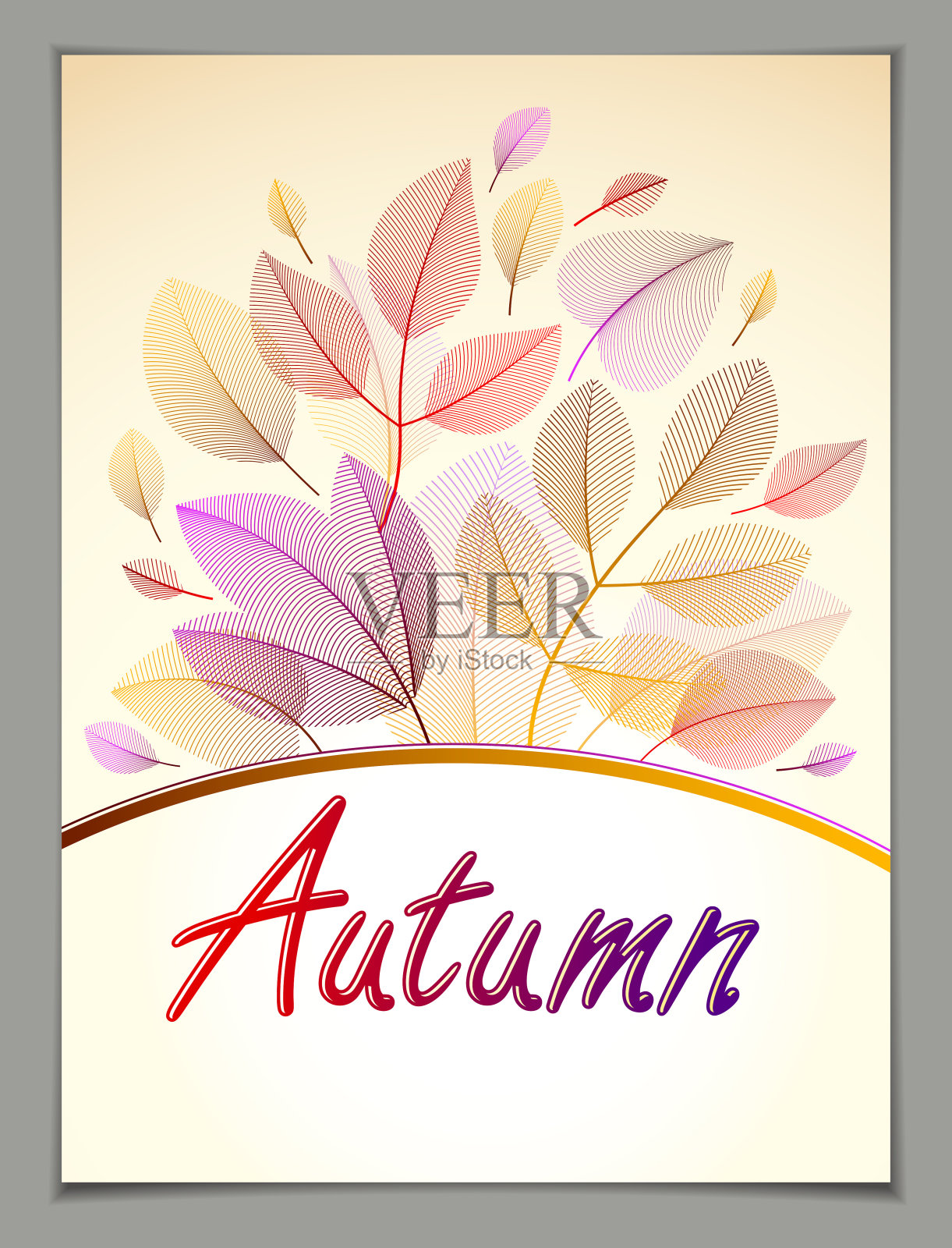 设计垂直横幅与秋天打字标志，秋天红色和黄色叶子框架组成背景。秋季卡，促销优惠。时尚典雅的植物绘画，环境。插画图片素材