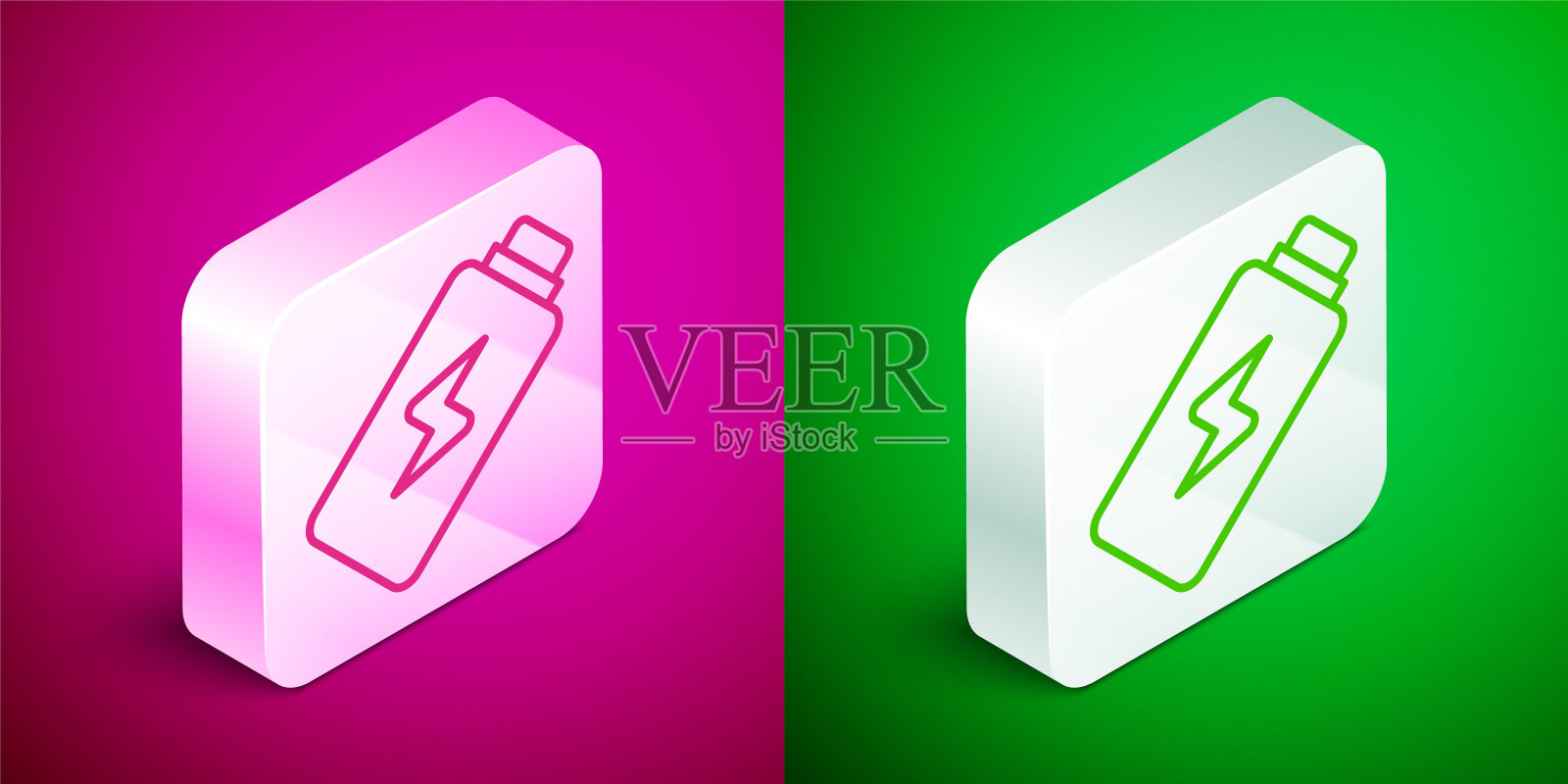 等距线电池充电水平指示灯图标隔离在粉红色和绿色的背景。银广场按钮。向量图标素材