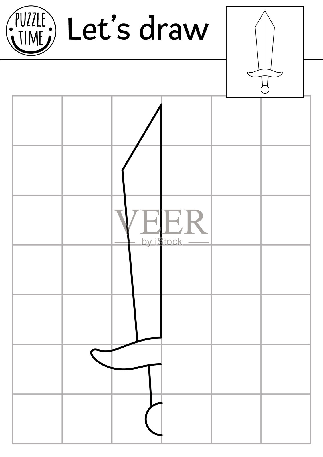 完成骑士剑的图片。矢量童话对称绘图练习工作表。学龄前儿童可印刷的黑白活动。复制图片魔法王国主题的游戏插画图片素材