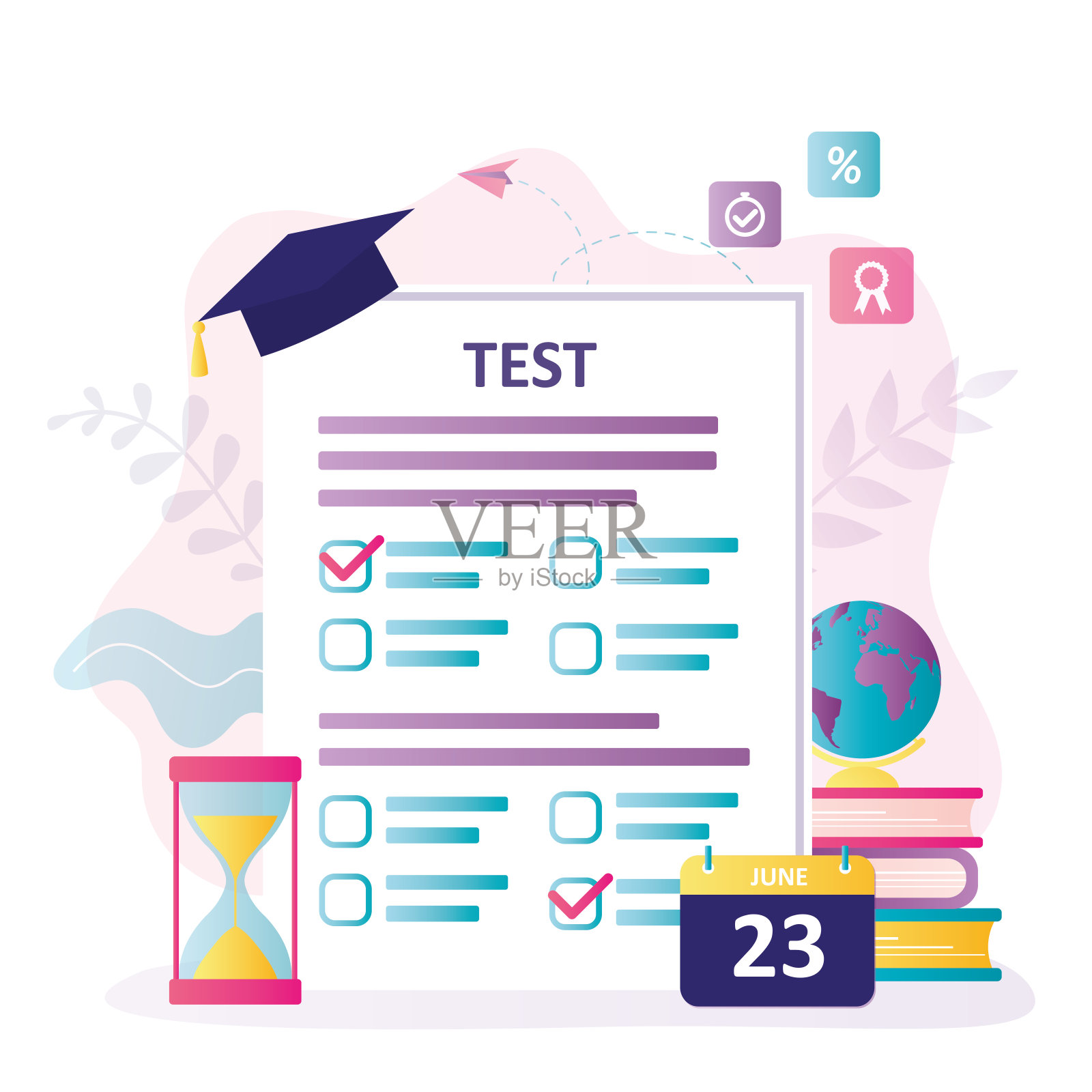 带问题的考卷。带有检查标记的测试表。测试学生的知识插画图片素材