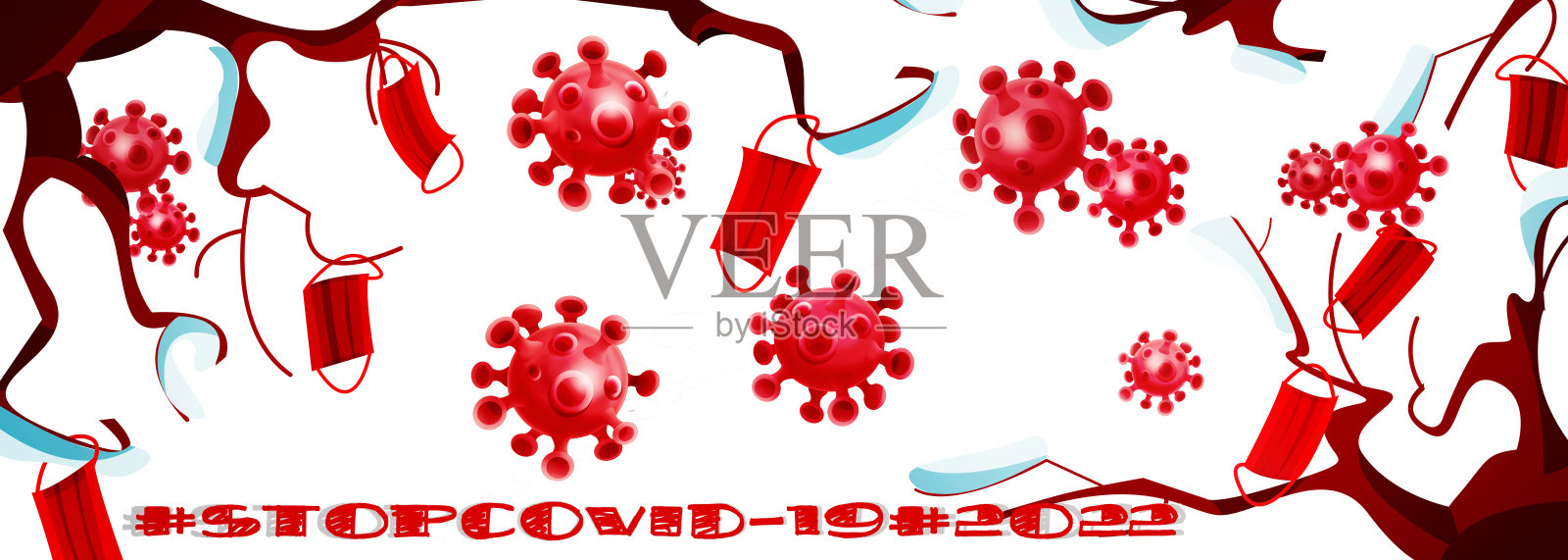 停止COVID-19。新2022年。时尚的新年节日插图与冠状病毒和保护性的医用口罩在一个孤立的白色背景。插画图片素材