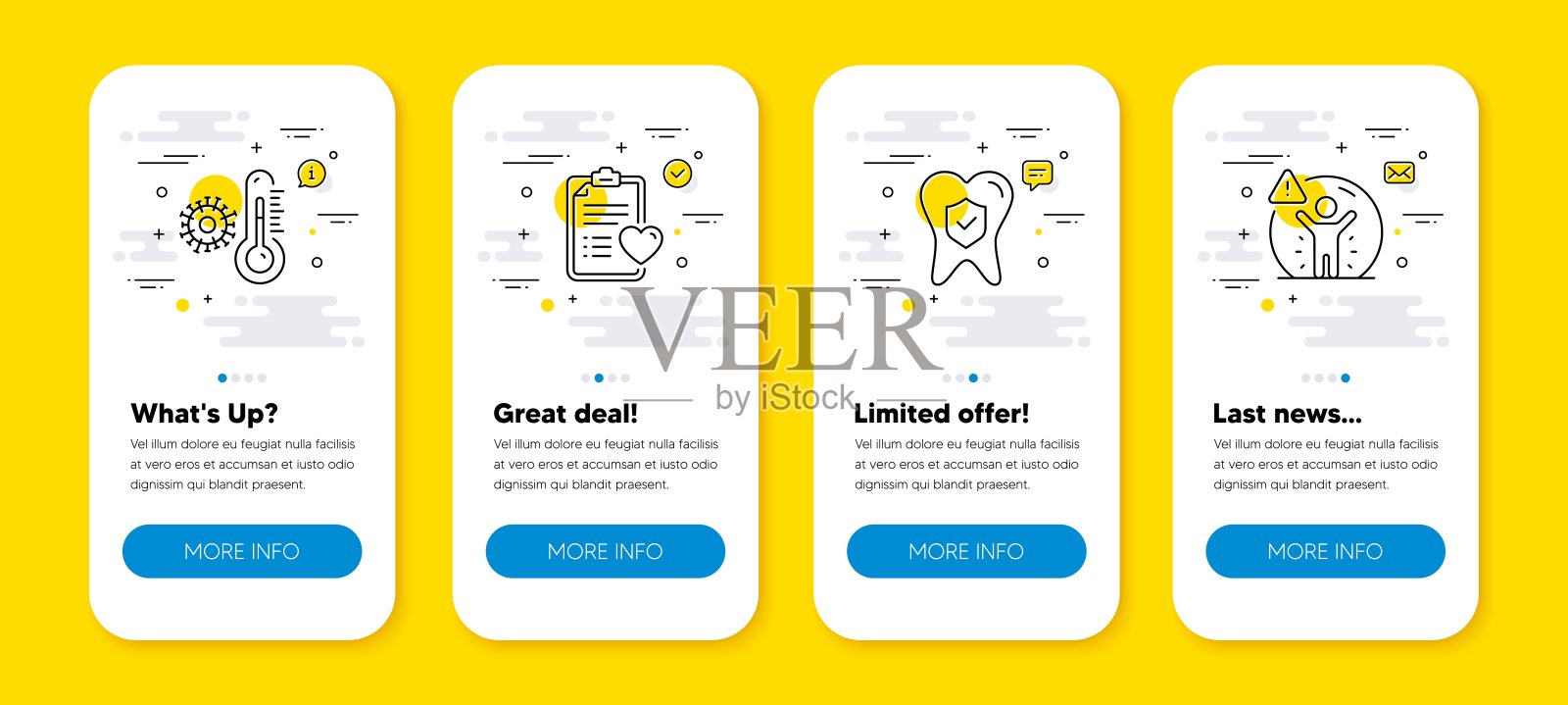 向量集的病人历史，温度计和牙科保险线图标设置。向量设计模板素材