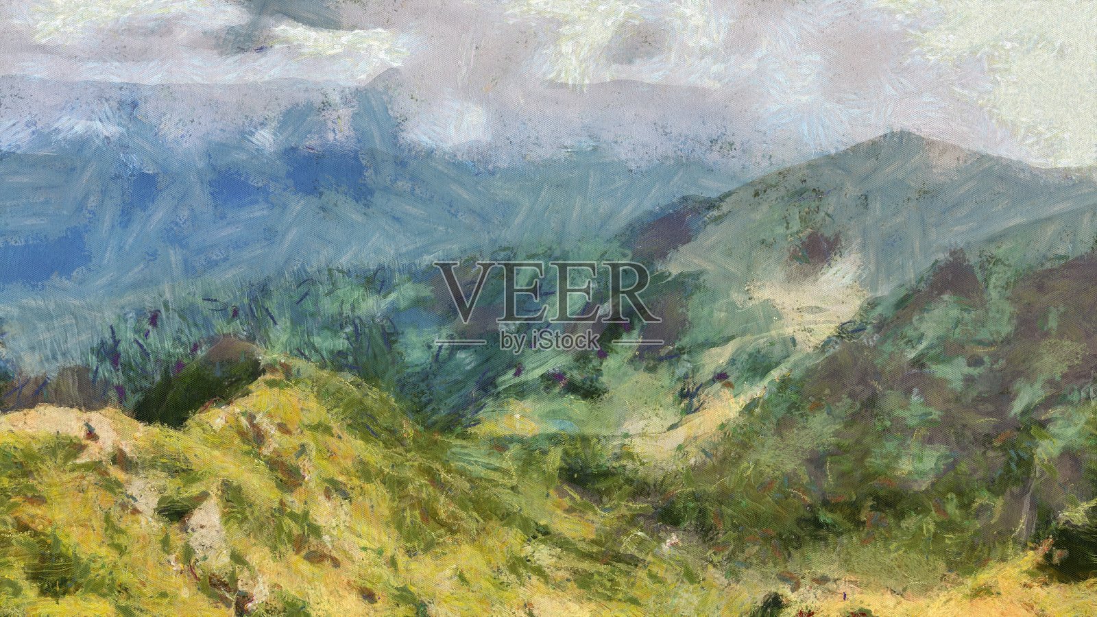 山水画装饰设计。现代油画艺术插画图片素材