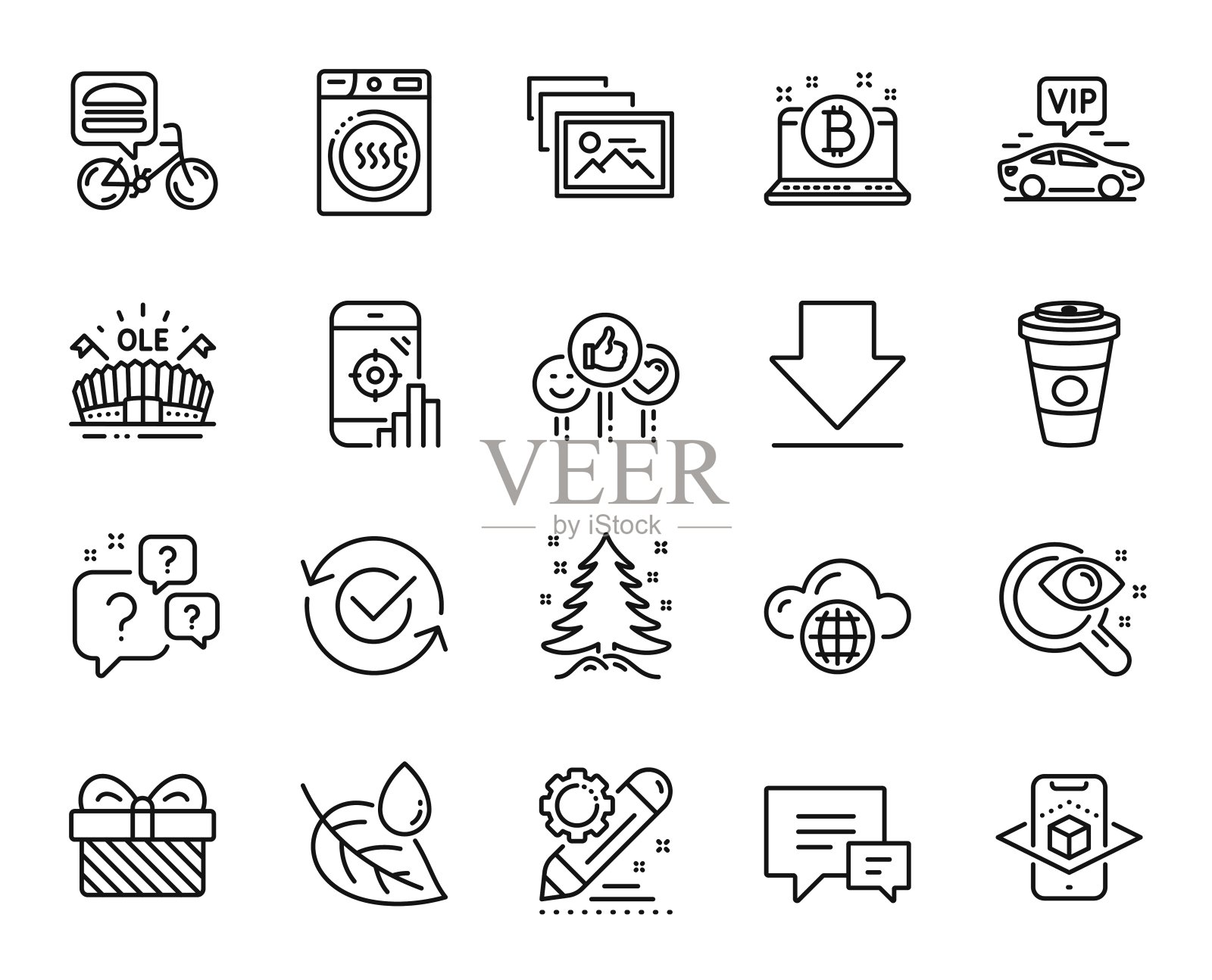 向量集的叶子露水，喜欢和云计算线图标设置。向量图标素材