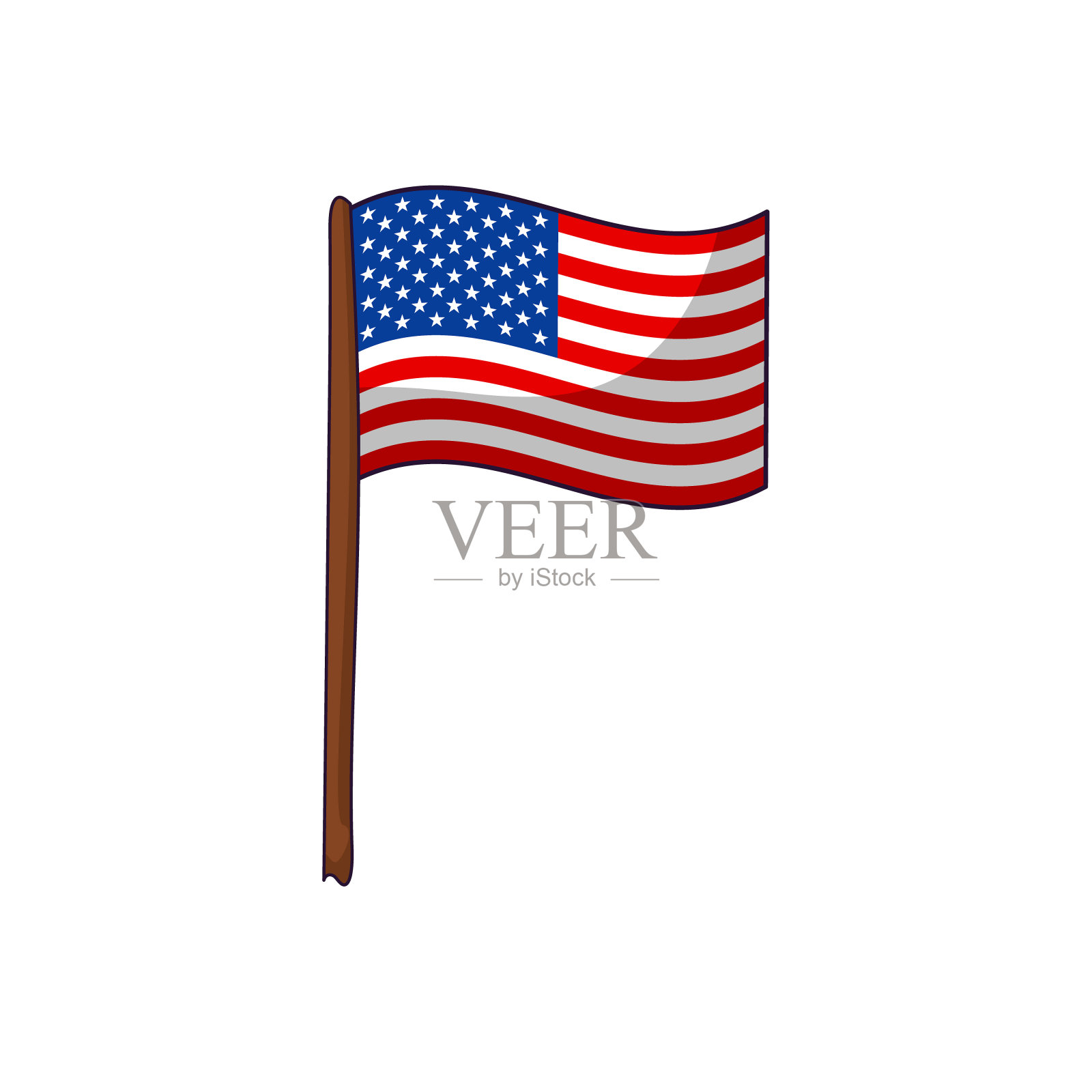 木制旗杆上的卡通美国国旗插画图片素材