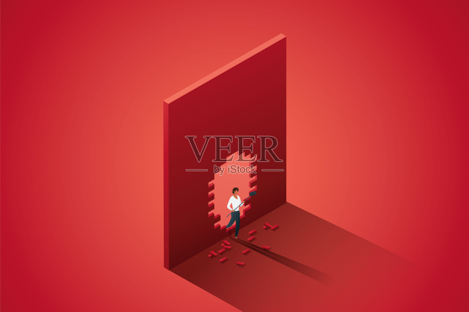 女商人手持铁锤站在红墙前凿洞。插画图片素材