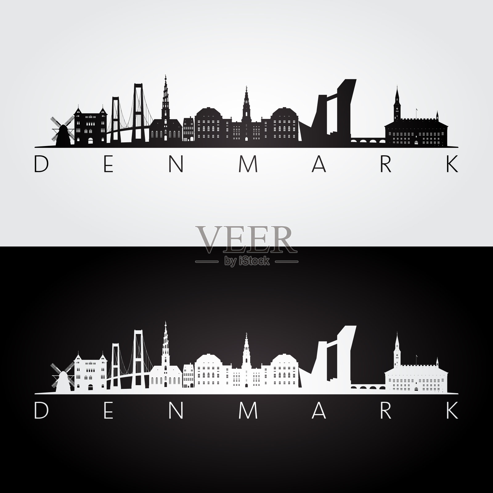 丹麦天际线和地标剪影，黑白设计，矢量插图。插画图片素材
