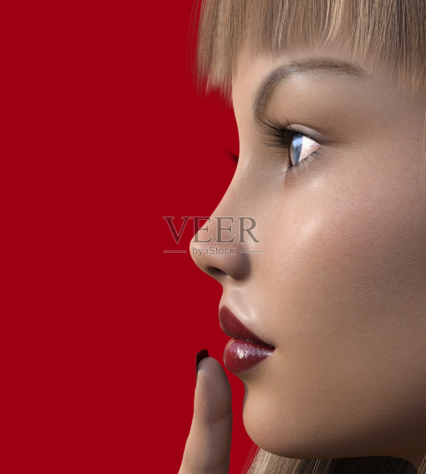 年轻漂亮的女孩。一根手指靠近鲜红的嘴唇。红色背景下的女孩。照片摄影图片