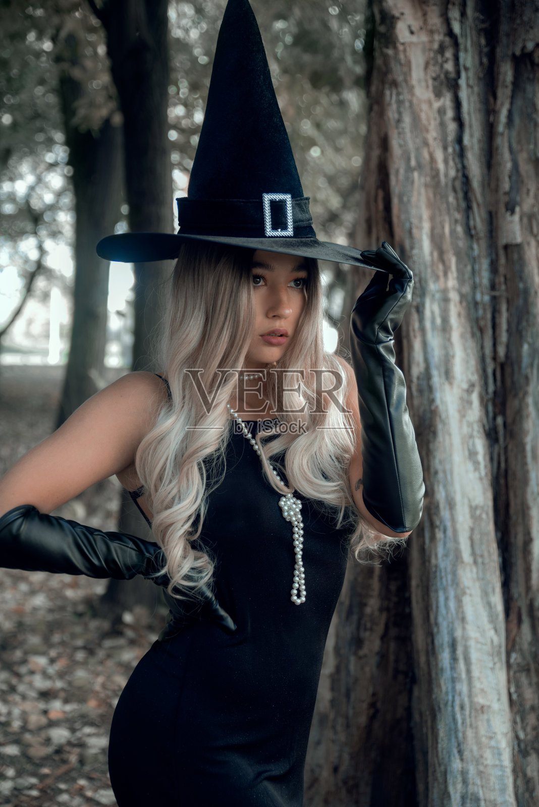 金发女人打扮成女巫照片摄影图片