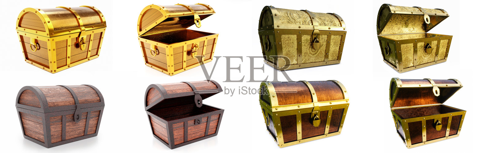 黄金和木制的宝箱套装。古色古香的箱子，由木头和金属制成，涂上金色。古董挂锁锁着宝箱。在白色背景上。三维渲染照片摄影图片