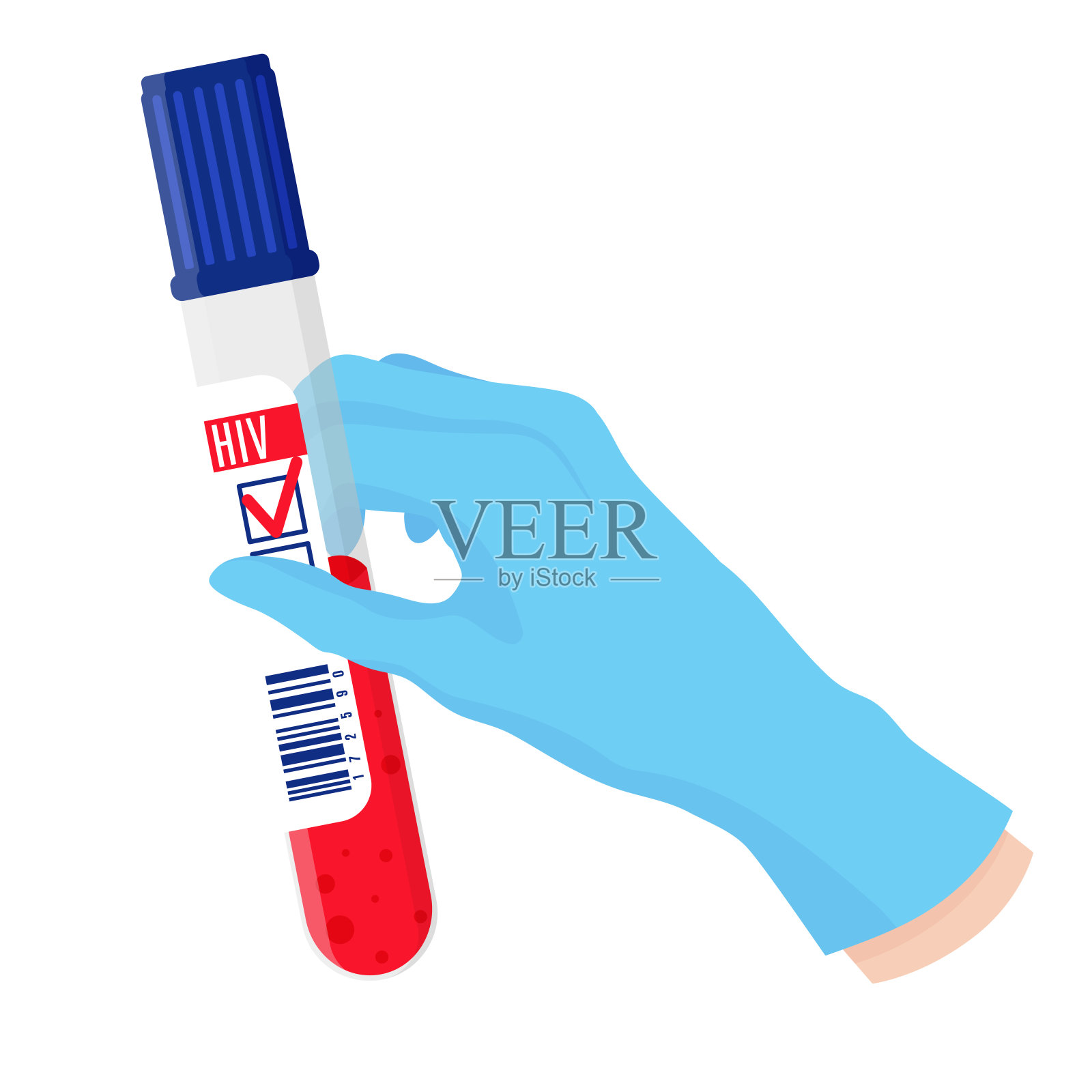 矢量卡通医生手戴蓝色手套手持试管。插画图片素材