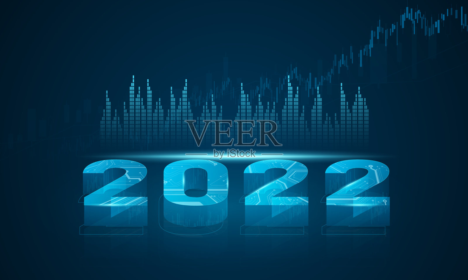 经济金融商业和投资创意2022新年贺卡采用3D图形和数字信息技术进行数据分析。插画图片素材