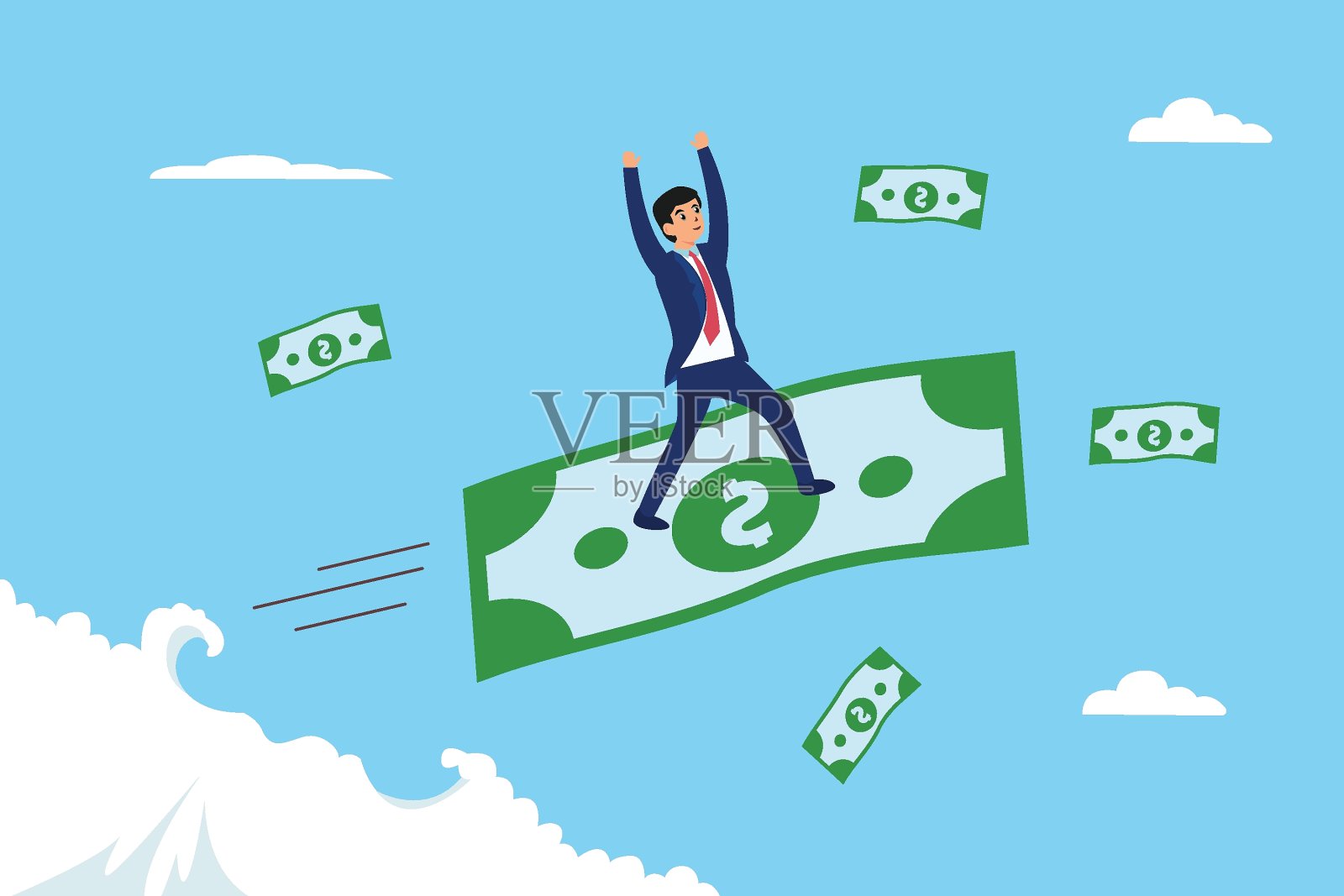 快乐的商人站在飞舞的钞票上插画图片素材