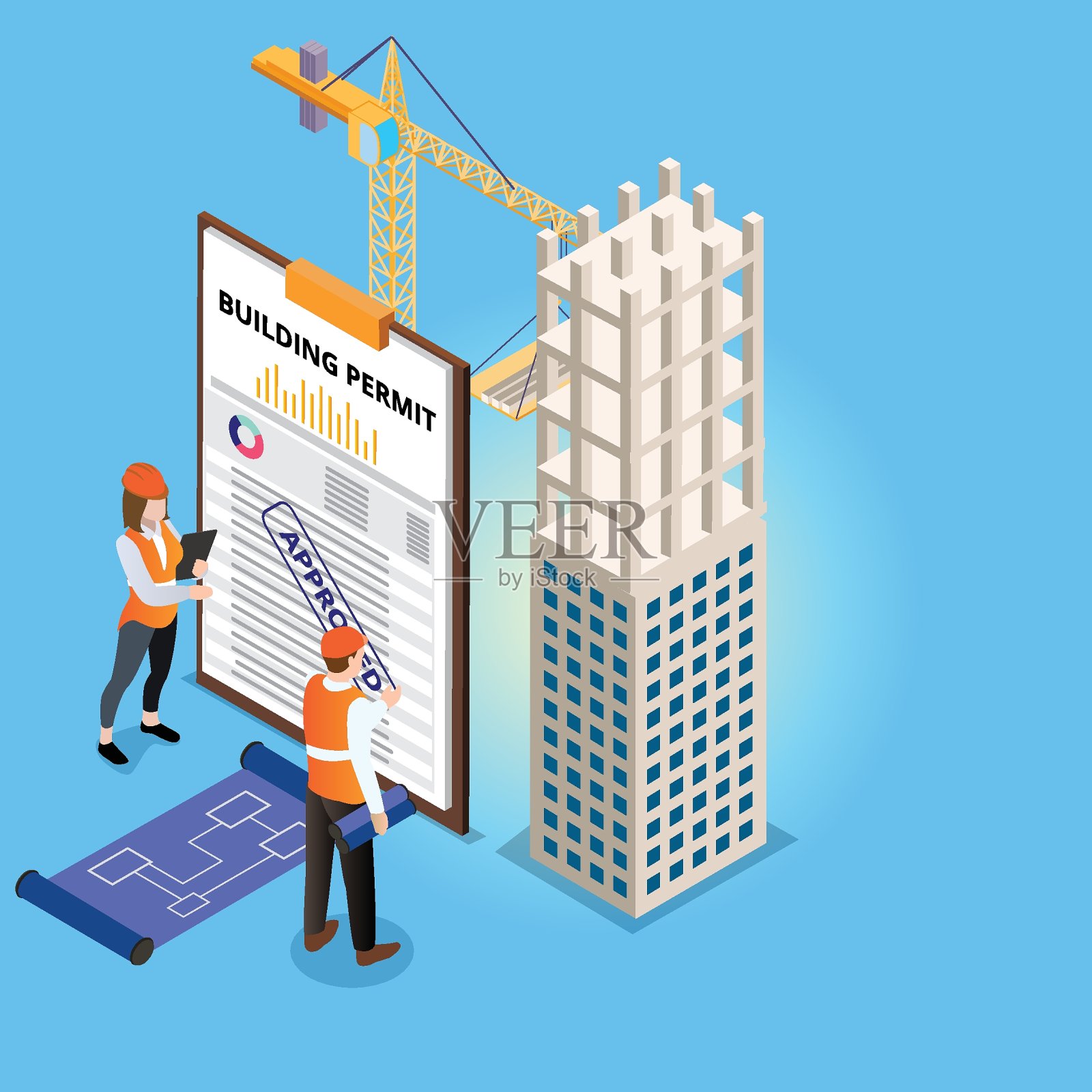 两名工人拿着批准的建筑许可证站着插画图片素材