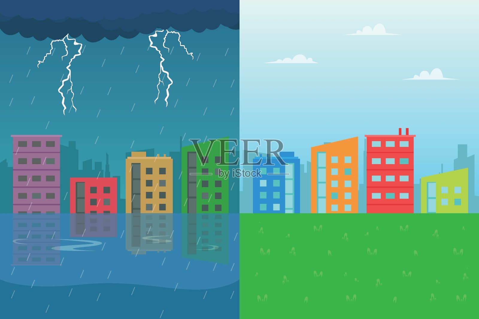 洪水泛滥地与安全场所的区别插画图片素材