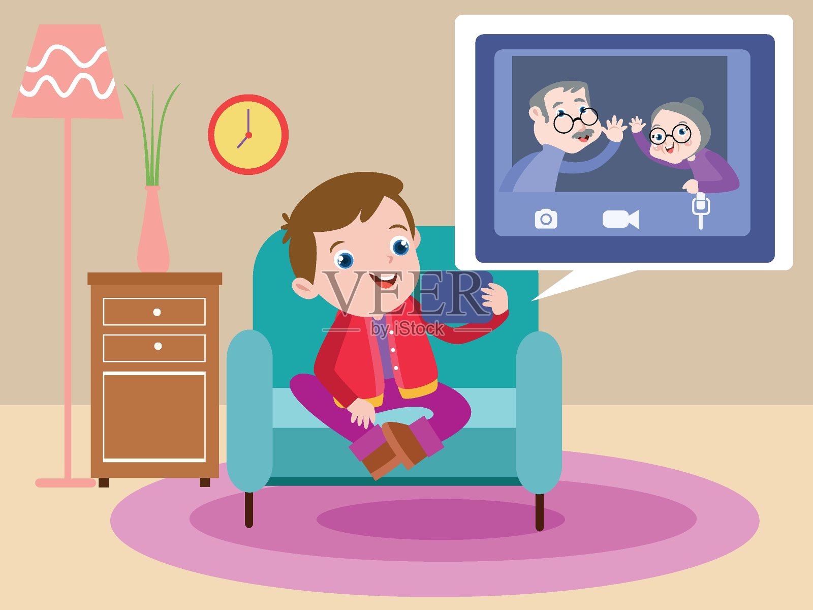 小儿子和爷爷奶奶视频通话插画图片素材