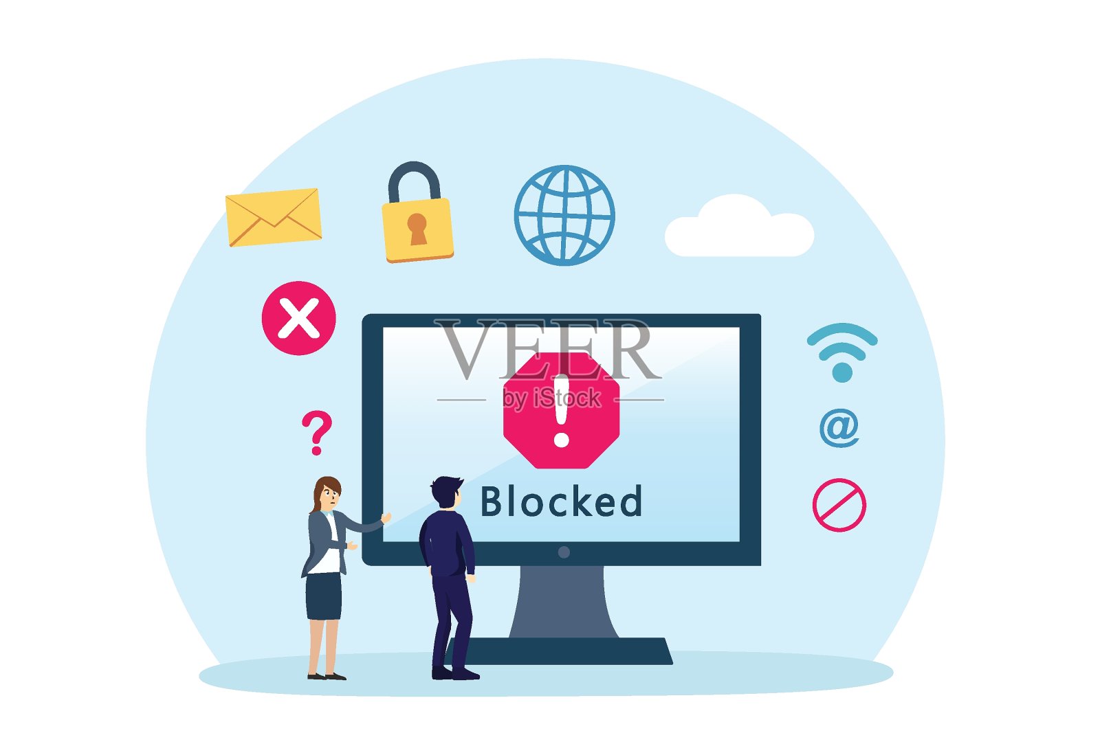 两个人正在浏览被封锁的网站插画图片素材