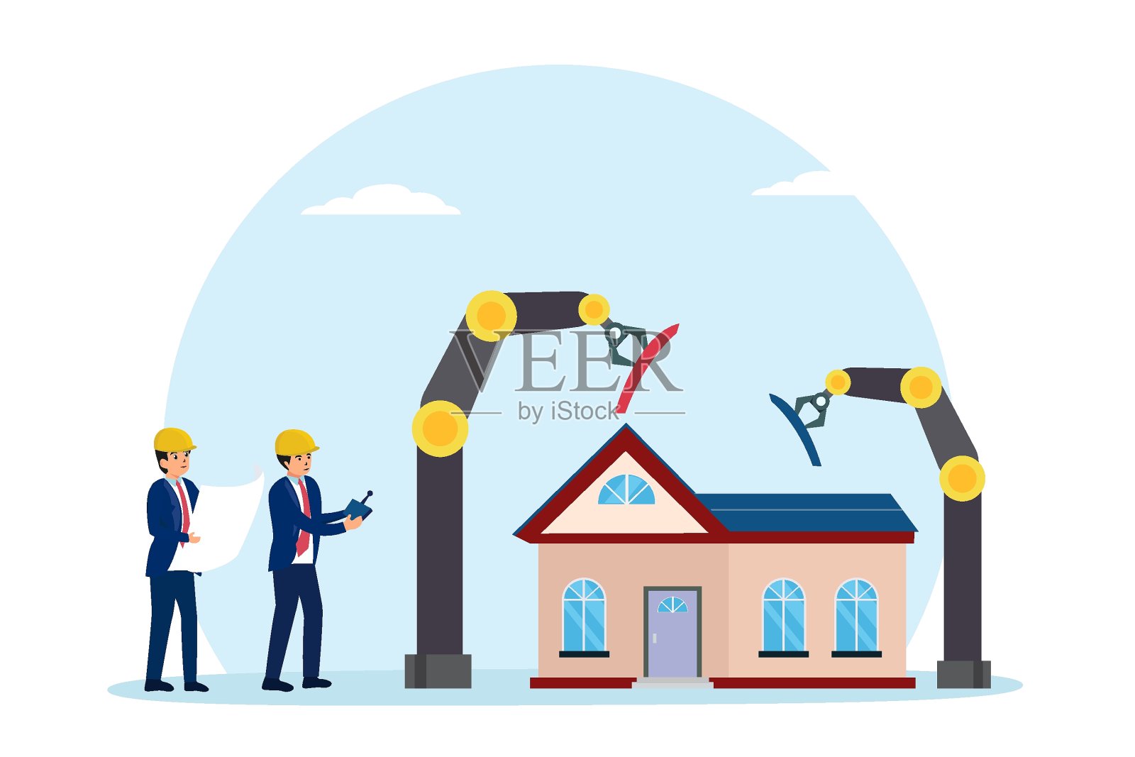 两个工人用机器人组装房屋建筑插画图片素材