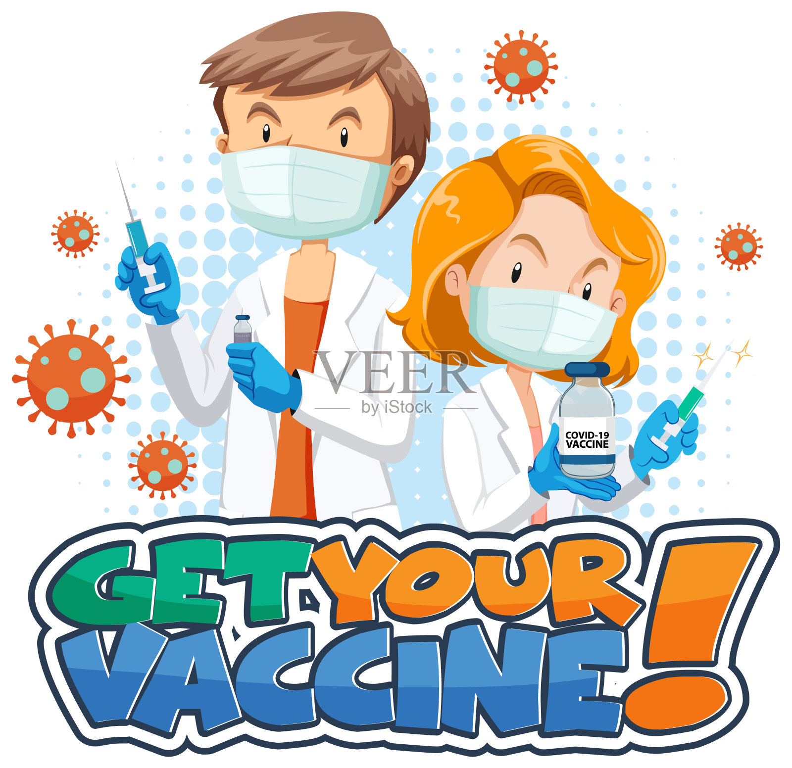 获得你的疫苗字体横幅与两个医生卡通人物插画图片素材