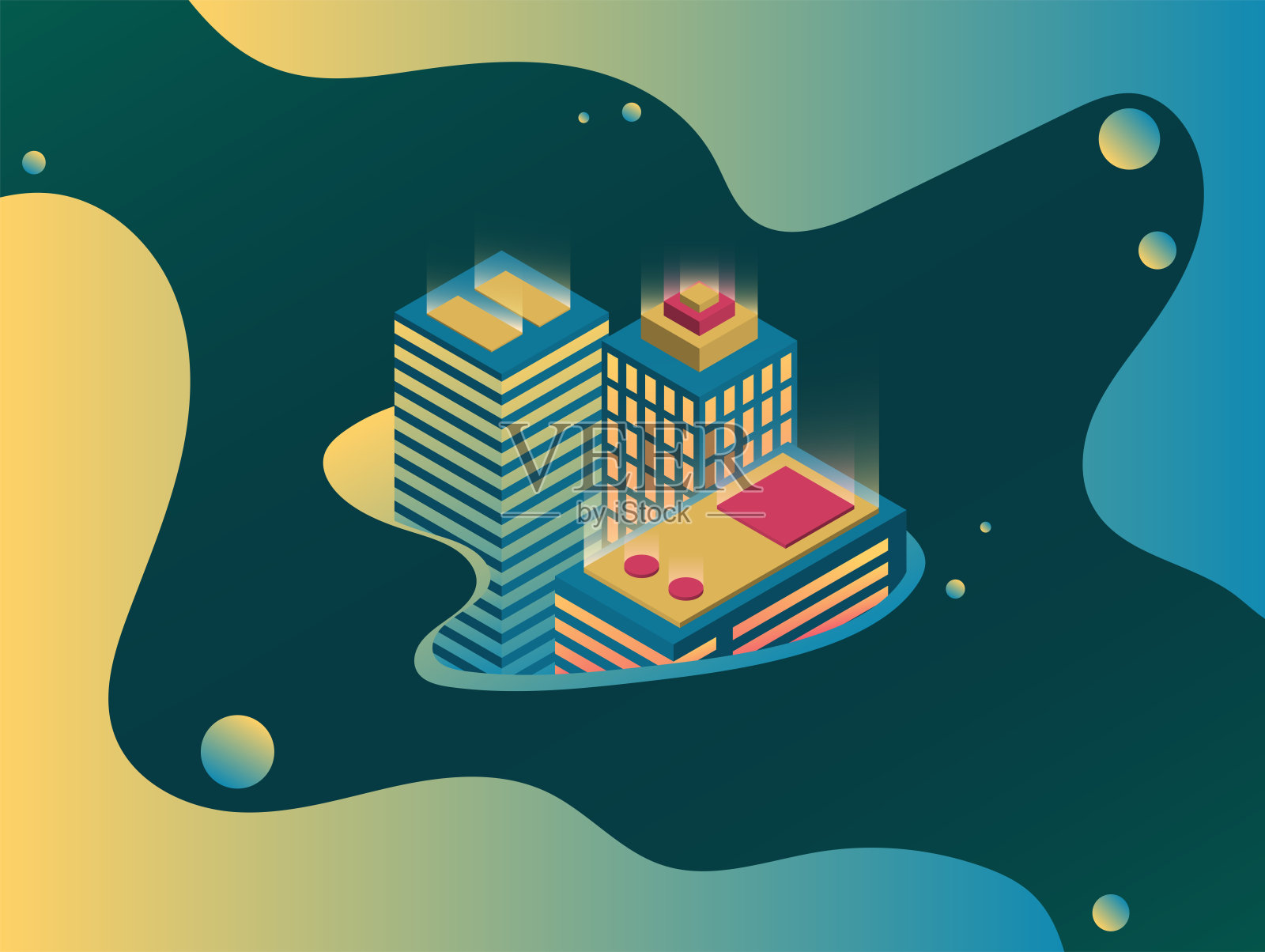 霓虹灯城市的一部分在一个圆形框架与渐变设计元素插画图片素材