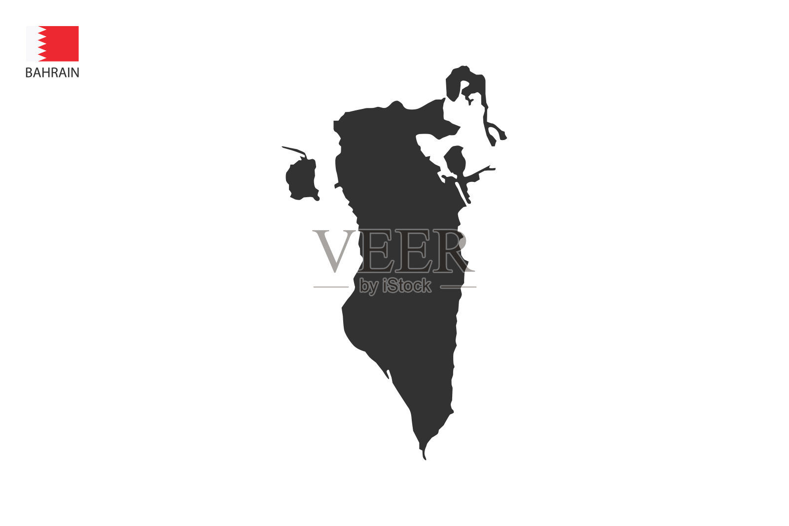 巴林黑色阴影地图矢量白色背景和国家国旗图标左上角。插画图片素材