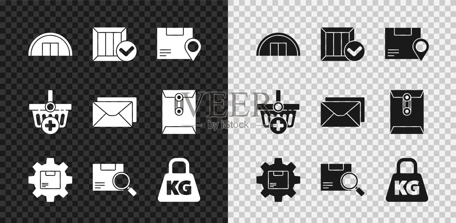 设置仓库，木盒与检查标记，位置纸板，齿轮包，搜索，重量，添加到购物篮和信封图标。向量图标素材