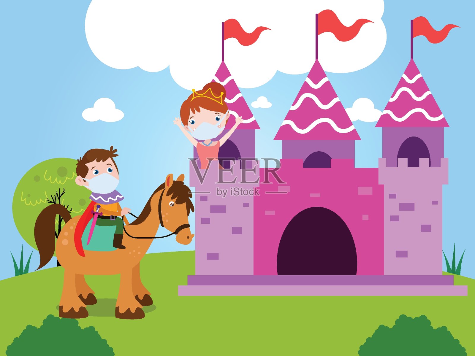 戴面具的骑士从城堡中救出公主插画图片素材