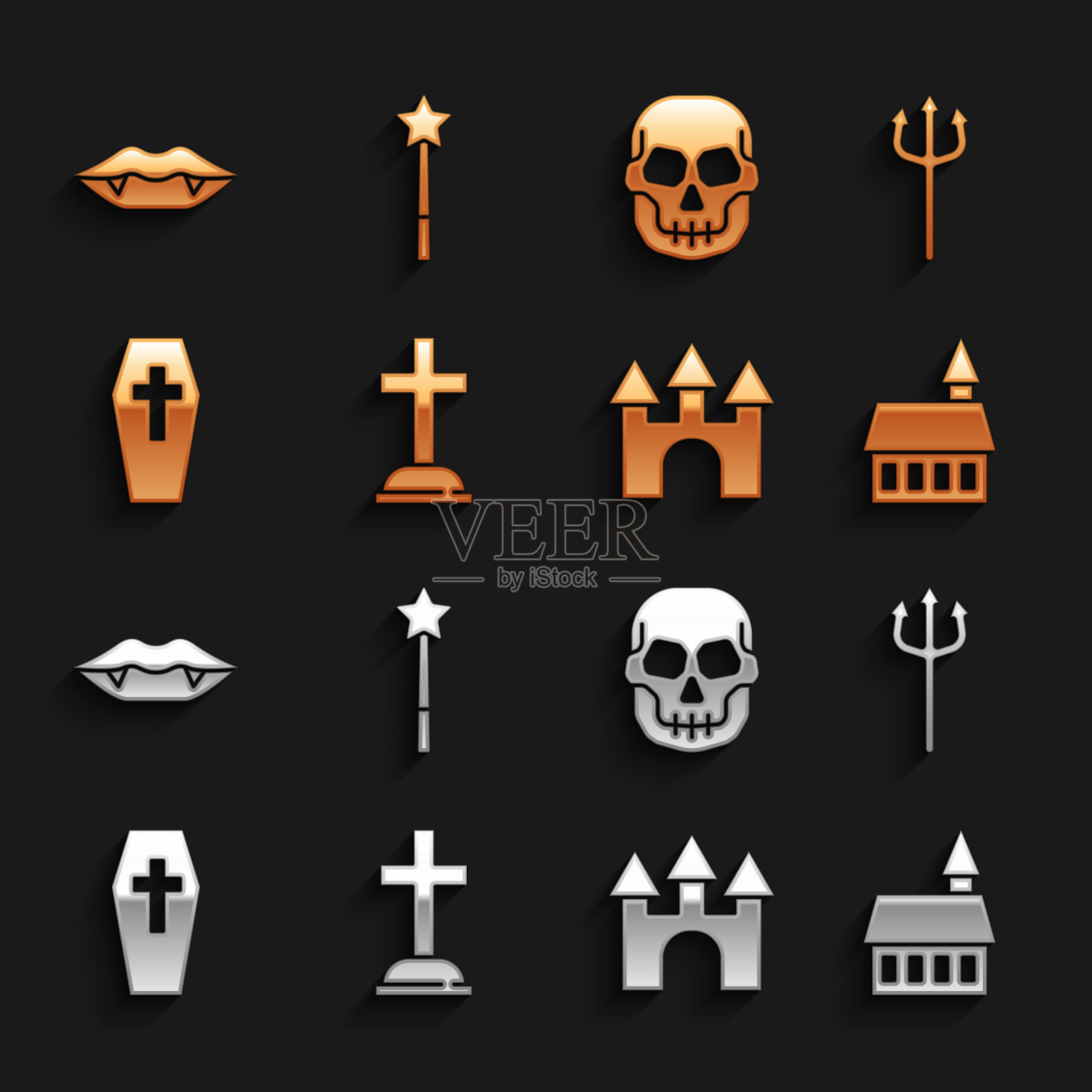 设置墓碑十字架，海神三叉戟，城堡，棺材，骷髅，吸血鬼牙齿和魔杖图标。向量插画图片素材