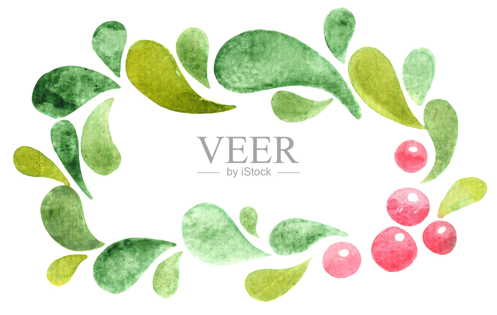 绿色的叶子与浆果花环水彩画装饰圣诞节假期。插画图片素材