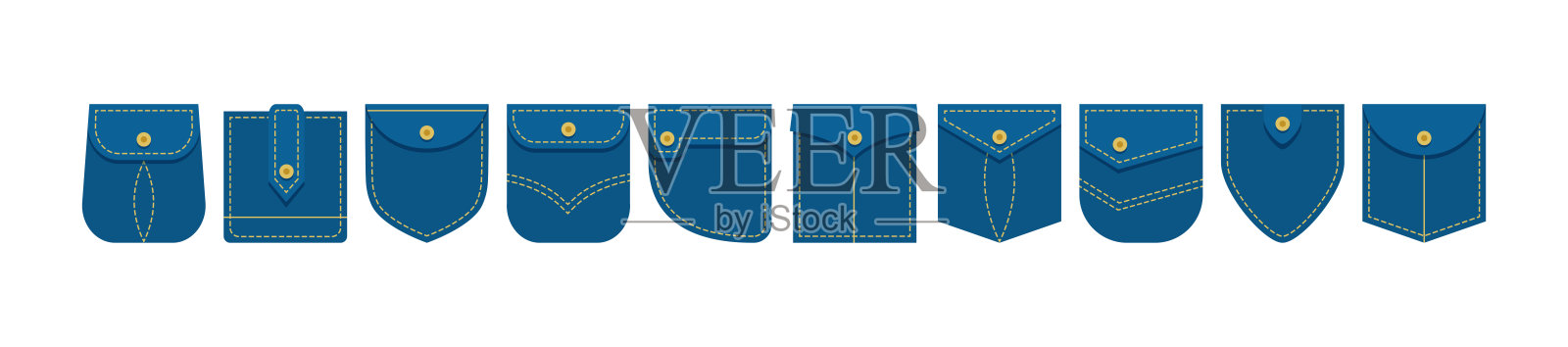牛仔布补丁口袋向量蓝色图标不同形状的纽扣衬衫或牛仔裤裤子，t恤，接缝线，正面视图。服装插画图片素材