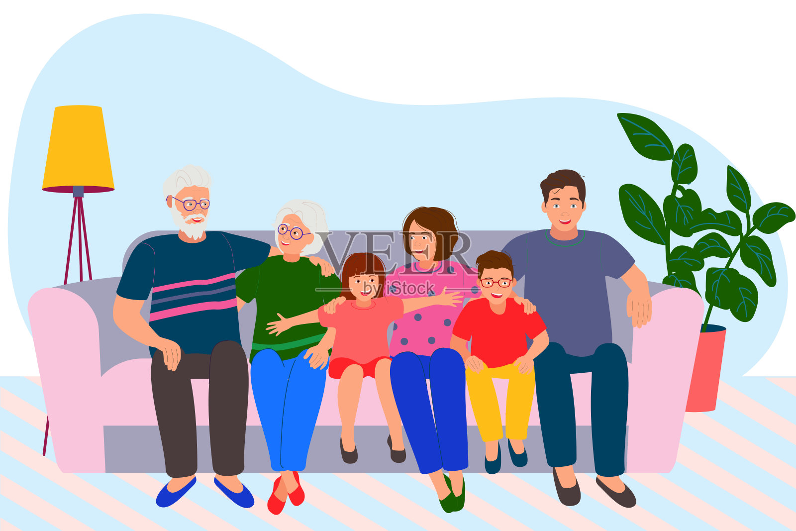 一个幸福的大家庭正坐在沙发上。祖母，祖父，父亲，母亲和孩子们。矢量图插画图片素材
