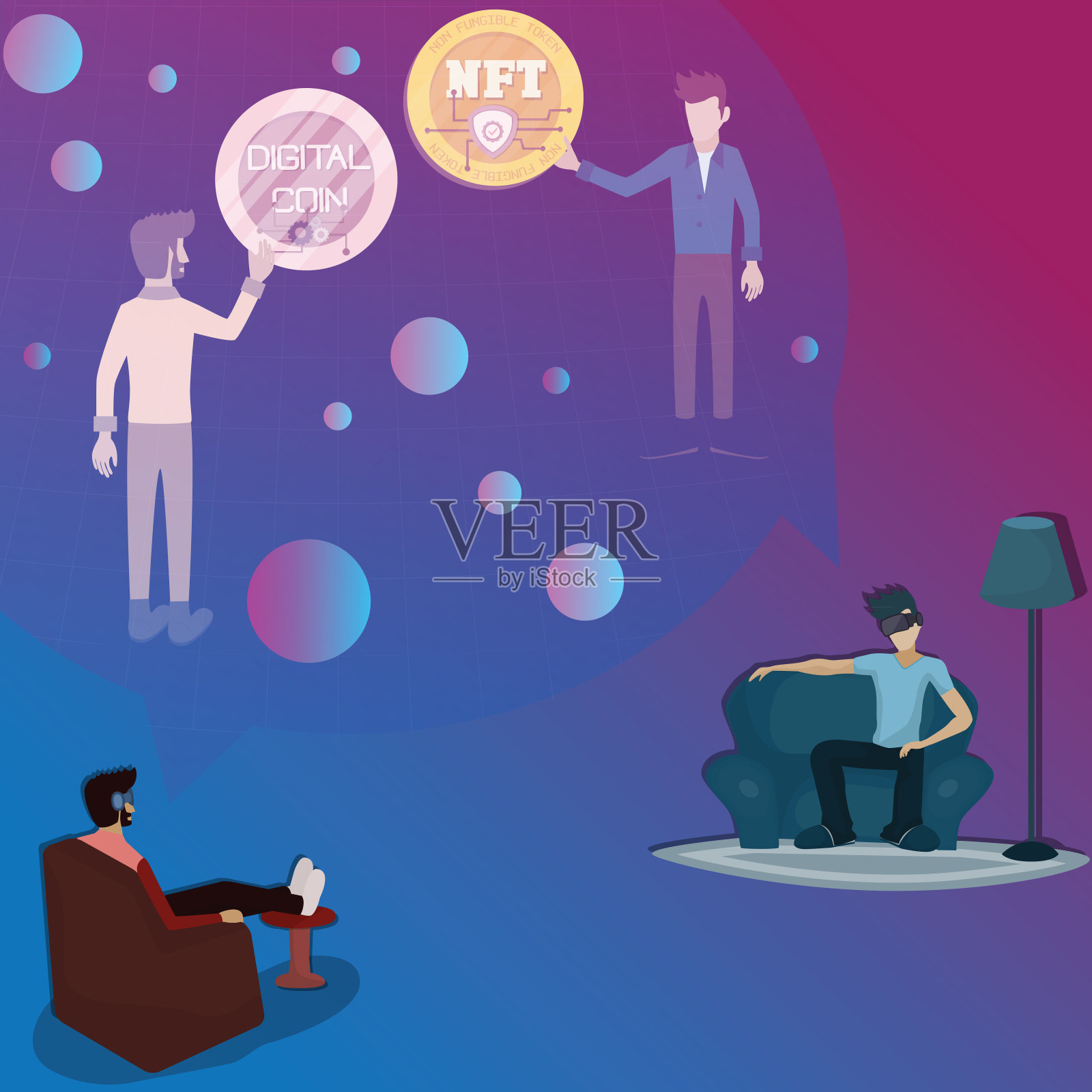 数字技术的平面设计，两个人在虚拟世界中买卖艺术——矢量插画图片素材