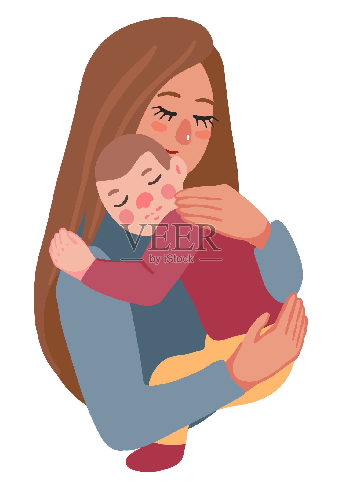 母亲和孩子。一个手里抱着婴儿的女人。母亲节，为人父母的概念。手绘矢量插图。彩色卡通剪贴画孤立在白色。平面元素用于设计，卡片，贴纸。设计元素图片