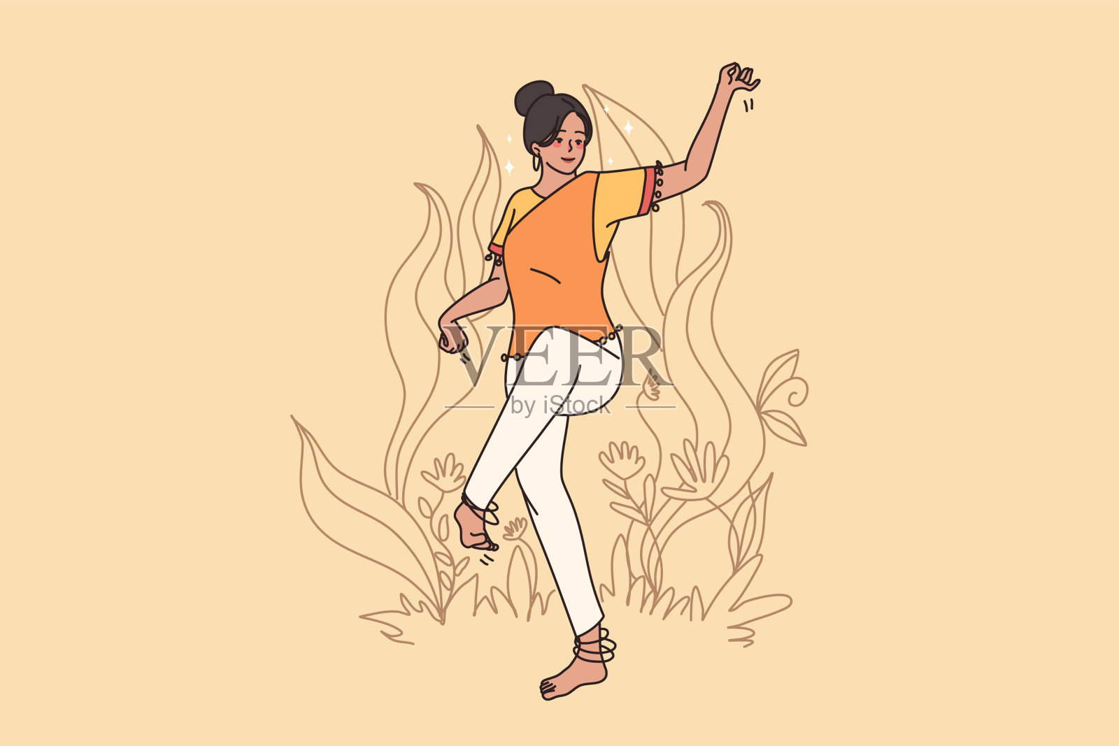 快乐的印度妇女喜欢在户外跳传统舞蹈插画图片素材