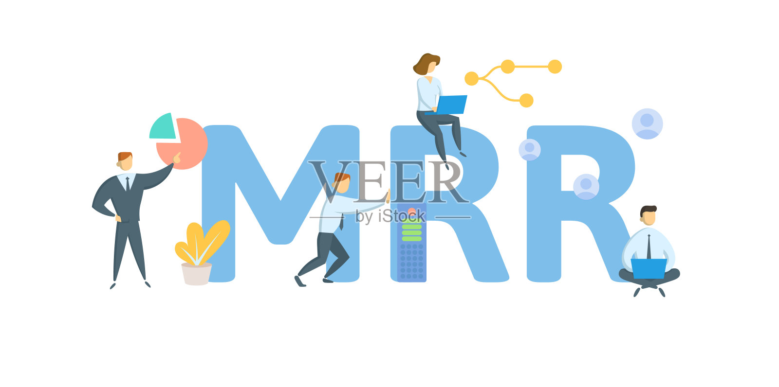 MRR，每月经常性收入。概念与关键字，人和图标。平面向量插图。孤立在白色的。插画图片素材
