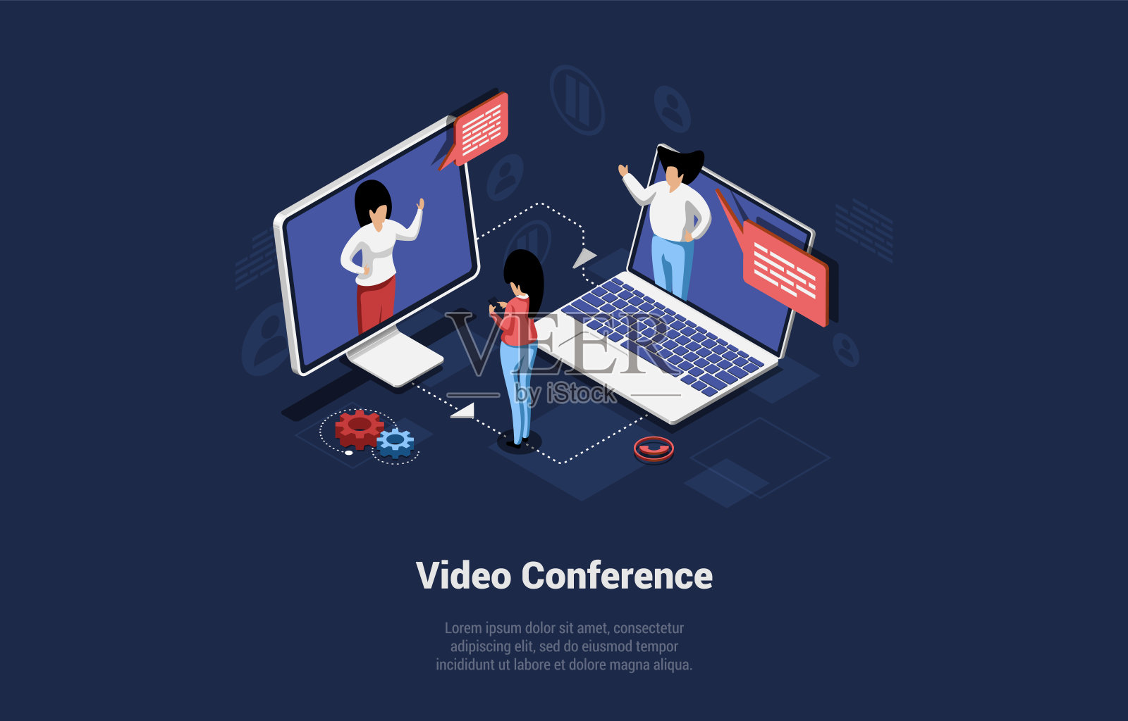 等距矢量插图与写作。卡通3D风格的概念构图。视频会议，在线聊天，远程商务或教育交流。角色在通话插画图片素材