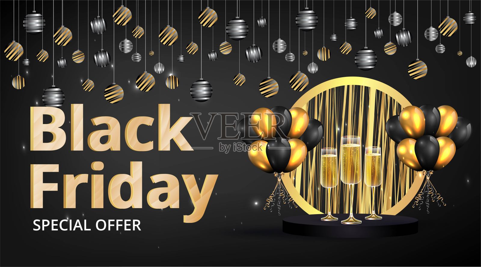 黑色星期五豪华概念，大减价促销圣诞节背景。金色的文字字体。新年和圣诞节的设计。插画图片素材