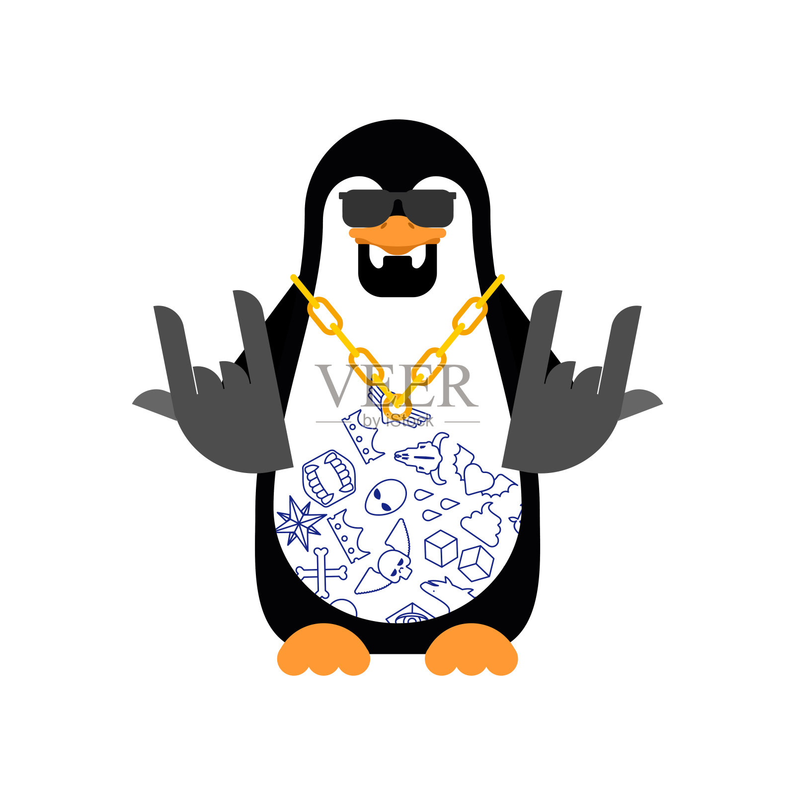 企鹅黑帮被孤立了。愤怒的海鸟欺负街头犯罪团伙成员。纹身和武器，金链和枪插画图片素材